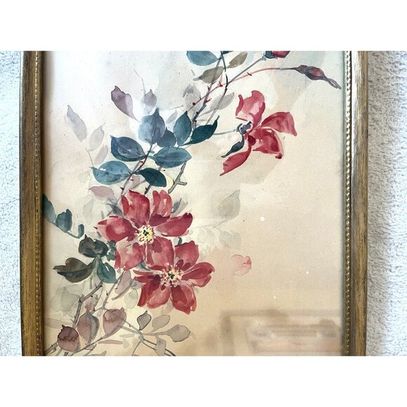 Antique Signed Asian Floral Watercolor Painting Gold Tone Framed‎ 13"x8-1/2" - Picture 3 of 7